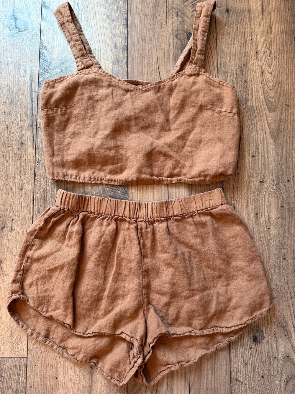 MATE the Label Rust Brown 100% Linen Crop Top & Shorts Set ginger size small